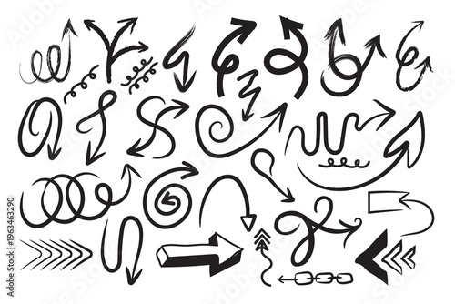 A collection of hand drawn arrows and abstract symbols in black on a white background