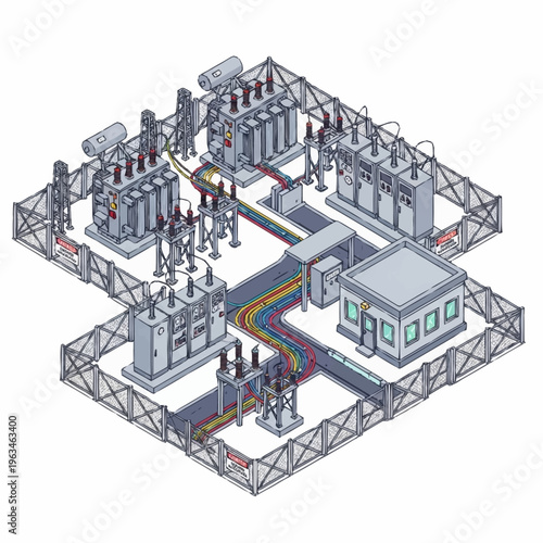 Isometric Power Substation with Transformers and Electrical Infrastructure.