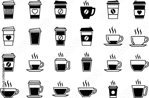 Collection of black and white coffee cup and to go cup with steam white background