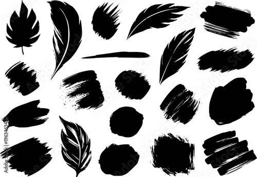 Collection of black ink brush strokes and feather silhouettes white background