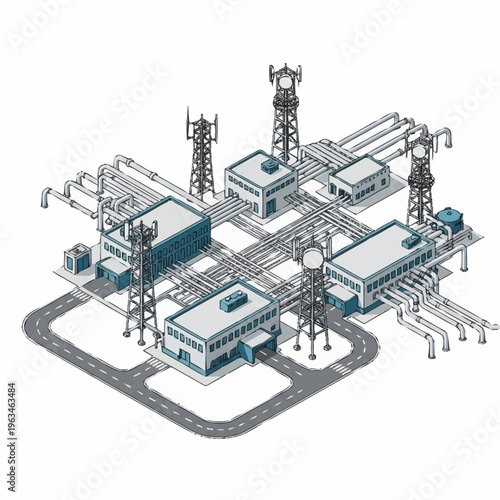 Isometric view of a complex industrial and technological network with buildings and communication towers.