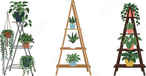 Plant Shelf Collection with Potted Plants in Wooden and Metal Stands, Ideal for Home, Gardening, and Indoor Decor Designs