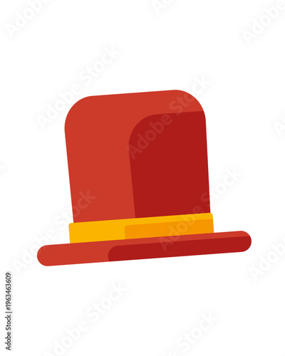 Red top hat with golden band, vintage stage and magician costume accessory isolated on light background in simple flat vector style