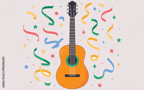 Acoustic Guitar with Colorful Confetti and Stars Celebration and Music Theme Flat Design