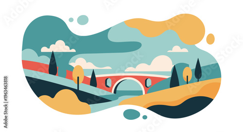 Abstract landscape with bridge in colorful whimsical illustration for travel brochure