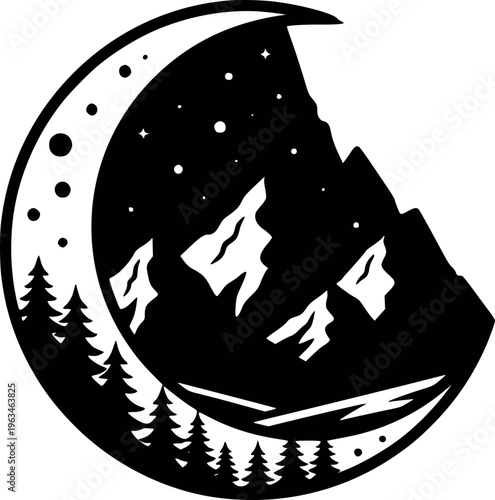 Crescent moon framing snowy mountains and pine trees under starry night sky peak