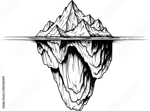 Detailed black and white ink of an iceberg with underwater reflection a white background