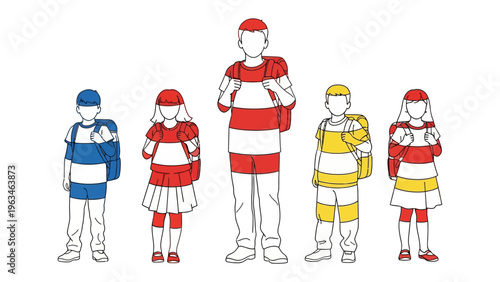 School Uniform: A collection of school children stand shoulder to shoulder, each individual adorned in distinct uniforms with a minimalist style. This image is a representation of childhood unity.