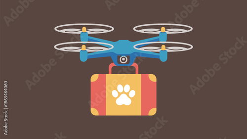 Drone delivering a pet supply package with paw print logo Vector, illustration
