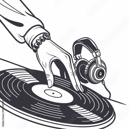 DJ hand on vinyl record, turntable with headphones, music equipment, black and white vector