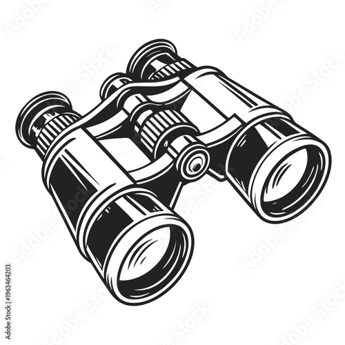 Vintage binoculars, black and white illustration, optical instrument, observation tool
