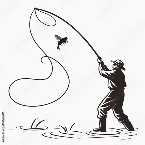 Fly Fishing, Vector Illustration, Black and White, Fisherman, Insect Lure