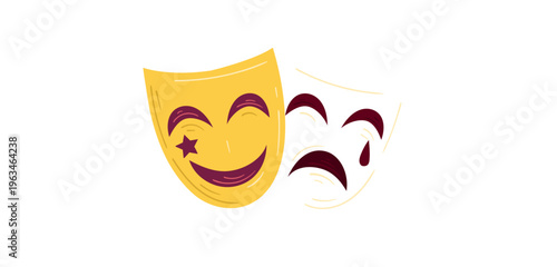 Golden comedy and tragedy theater masks with expressive faces, classic performing arts symbol isolated on light background in elegant vector style