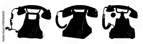 Solid black silhouette of an antique rotary dial telephone, 20th-century communication history, solid fill, white background. set with simple line art design featuring line art, illustrations, grap...