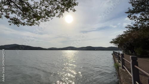 4K Serene Nature Ambient Background Shimmering Lake Mountain Wuxi