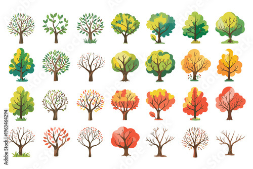 Diverse Tree Collection in Autumnal Hues Stylized Vector Illustrations with Seasonal Foliage Variations