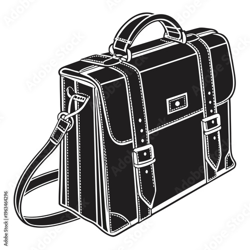 Black leather briefcase, business bag, office handbag, vector illustration