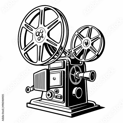 Vintage film projector, retro movie camera, black and white illustration, cinematic equipment