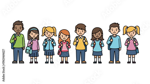 Back to School Lineup: A diverse group of children, each with a backpack, stands together, ready to embrace new beginnings and educational adventures.