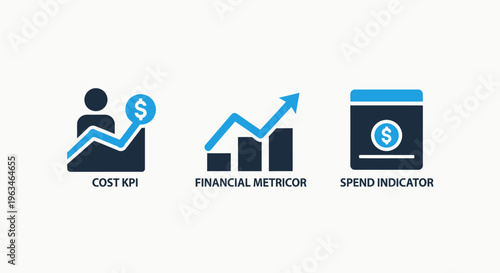 Business financial metric icon set featuring cost kpi financial metricor and spend indicator for accounting analysis revenue growth tracking and corporate budget performance monitoring statistics