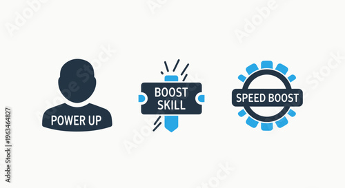 Set of abstract digital icons representing power up, skill boost, and speed boost concepts for gamification, gaming user interface design, and progress tracking elements, flat vector illustration