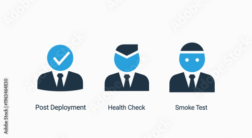 Set of post deployment, system health check, and smoke testing verification icons for quality assurance and software development life cycle