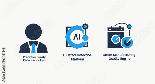 Set of AI and data quality management icons depicting predictive performance risk, defect detection platform, and smart manufacturing engine, industrial technology analysis, vector illustration