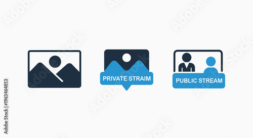 Set of media sharing and streaming icons showing image gallery, private stream, and public stream