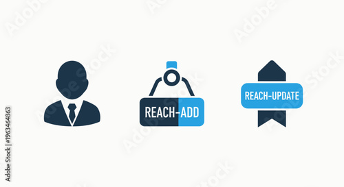 Business growth and outreach strategy icons showing a professional human resource manager, reach and add network connections, and arrow directional success indicator for modern corporate planning