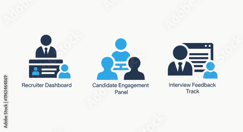 Human resource and candidate management icons featuring resume database, candidate engagement panel, and employee feedback tracking system for professional recruitment and organizational development