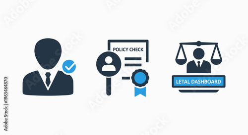 Corporate policy compliance and legal dashboard icons including verified employee profile, policy check document, and judicial balance scales for professional business administration and ethics