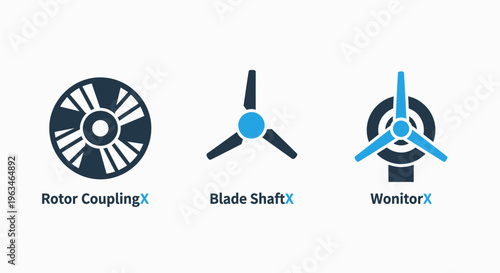 Industrial mechanical components icons set featuring rotor coupling blade shaft and turbine monitor graphics for engineering and manufacturing technical schematics and machinery diagnostics maintenanc
