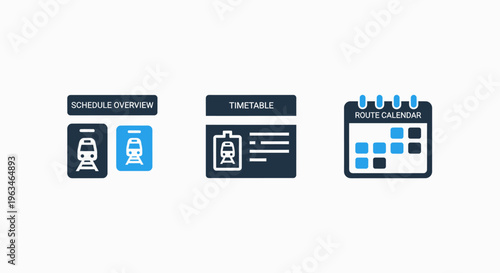 Transport scheduling and logistics management icons set featuring train timetable route tracking and calendar planning symbols for public transit systems and efficient commuter travel operations