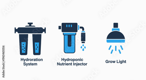 Hydroponic gardening and agricultural irrigation system icons with grow lights and nutrient injectors