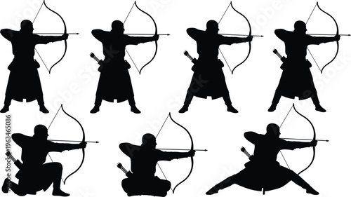 Archer silhouette set with bow and arrow isolated on white background, warrior in different poses, black vector illustration for hunting, medieval, and sport design