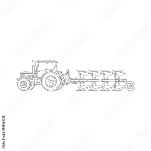 Farm tractor with multi-blade plow outline illustration