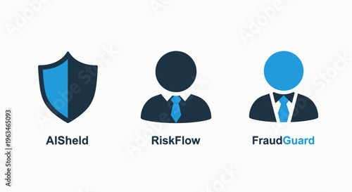 Business security icons featuring a shield and risk management figures, conceptual vector graphics for cyber safety and financial fraud protection interface design isolated on white background