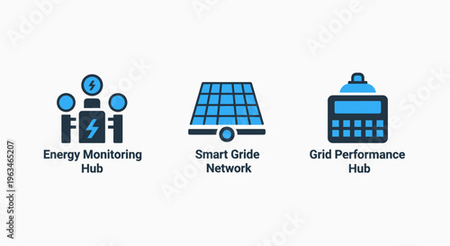 Energy management and smart grid technology icons showing monitoring hub, network, and performance tracker for electrical infrastructure vector illustration