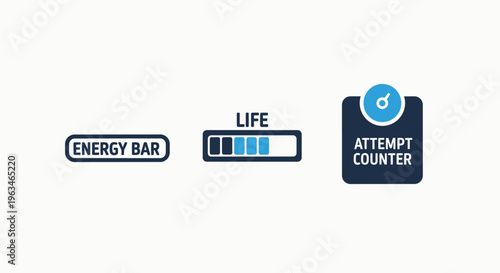 Gamification and interface design icons showing energy bar, life meter, and attempt counter for mobile application and gaming UI development