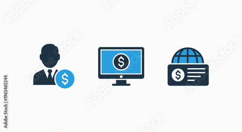 Collection of financial technology icons representing personal banking, digital payment, and global accounting solutions in a professional flat blue and dark grey graphic style