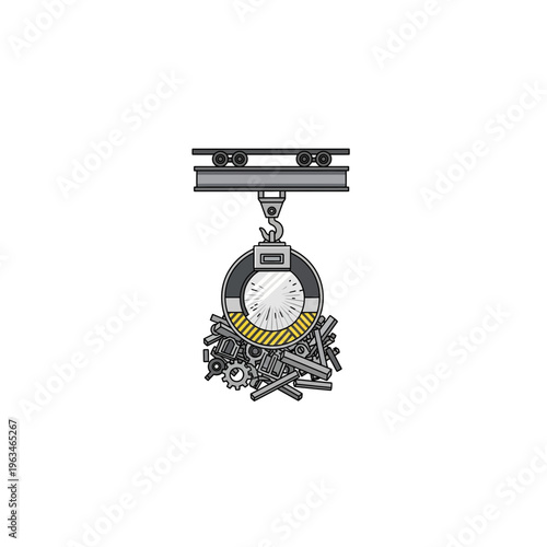 Industrial crane carrying metal scrap with electromagnetic lifter