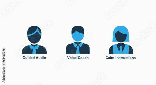 Audio guidance service set with coach and calm voice instruction icons for digital communication and training platforms, modern flat vector illustration representing education and personal development