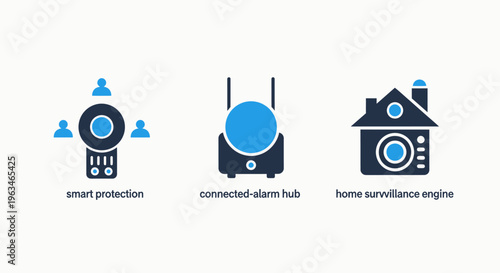 Smart home technology icons set featuring protection, connected hub, and surveillance camera security symbols for automated domestic systems, isolated on a clean white background in flat modern vector