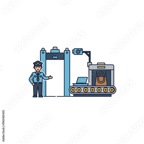 Airport security checkpoint with personnel and scanner