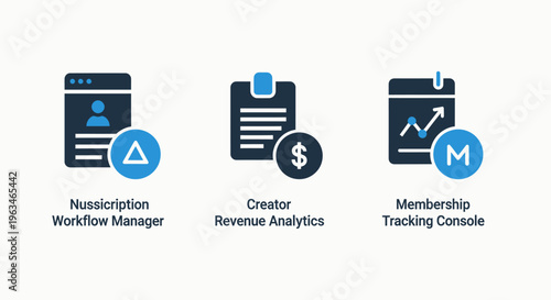 Professional business administration icons for subscription management, revenue analytics, and membership tracking, shown as modern flat vector symbols for digital software and online portal interface