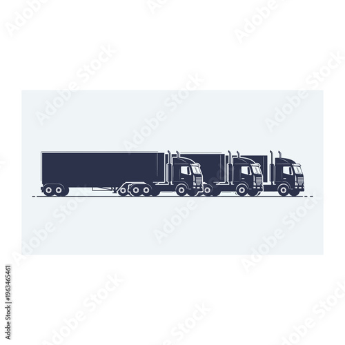 Monochrome set of large freight trucks and long haul semi trailers