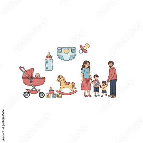 Happy family and baby care set with family life