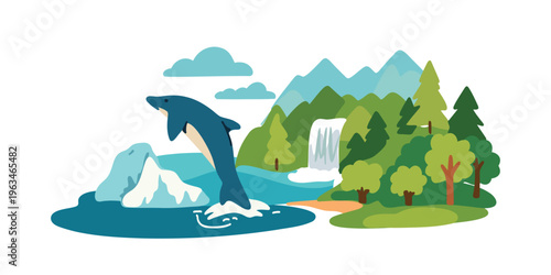 dolphin leaping near icebergs and waterfall isolated on white background