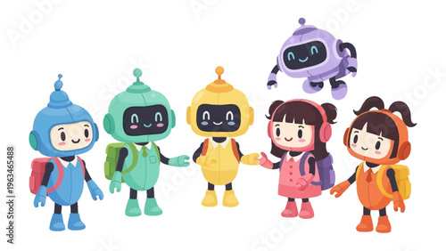 Digital Companions and Future Students: a captivating illustration that portrays a blend of modern education and advanced technology, featuring friendly robots and children.