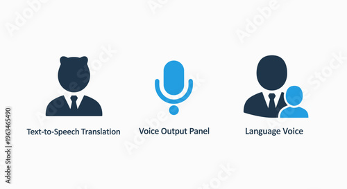 Voice interaction and speech synthesis technology icons depicting text to speech translation, voice output and language settings for digital user interface design on white background